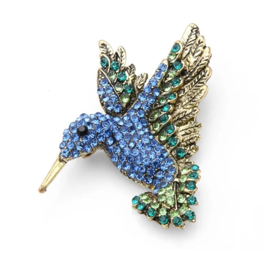 Jewelry pin brooch pendant hummingbird bird gold tone blue adorable cute new
